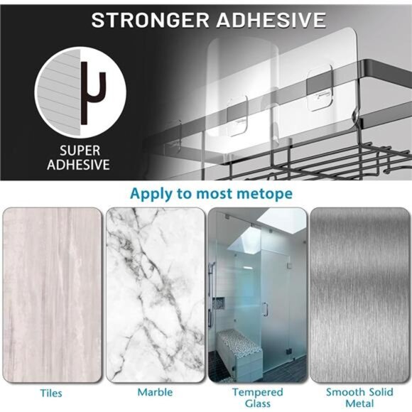 Shower Caddy Shelf Organizer Rack, Self Adhesive Black Bathroom - Picture 3 of 8